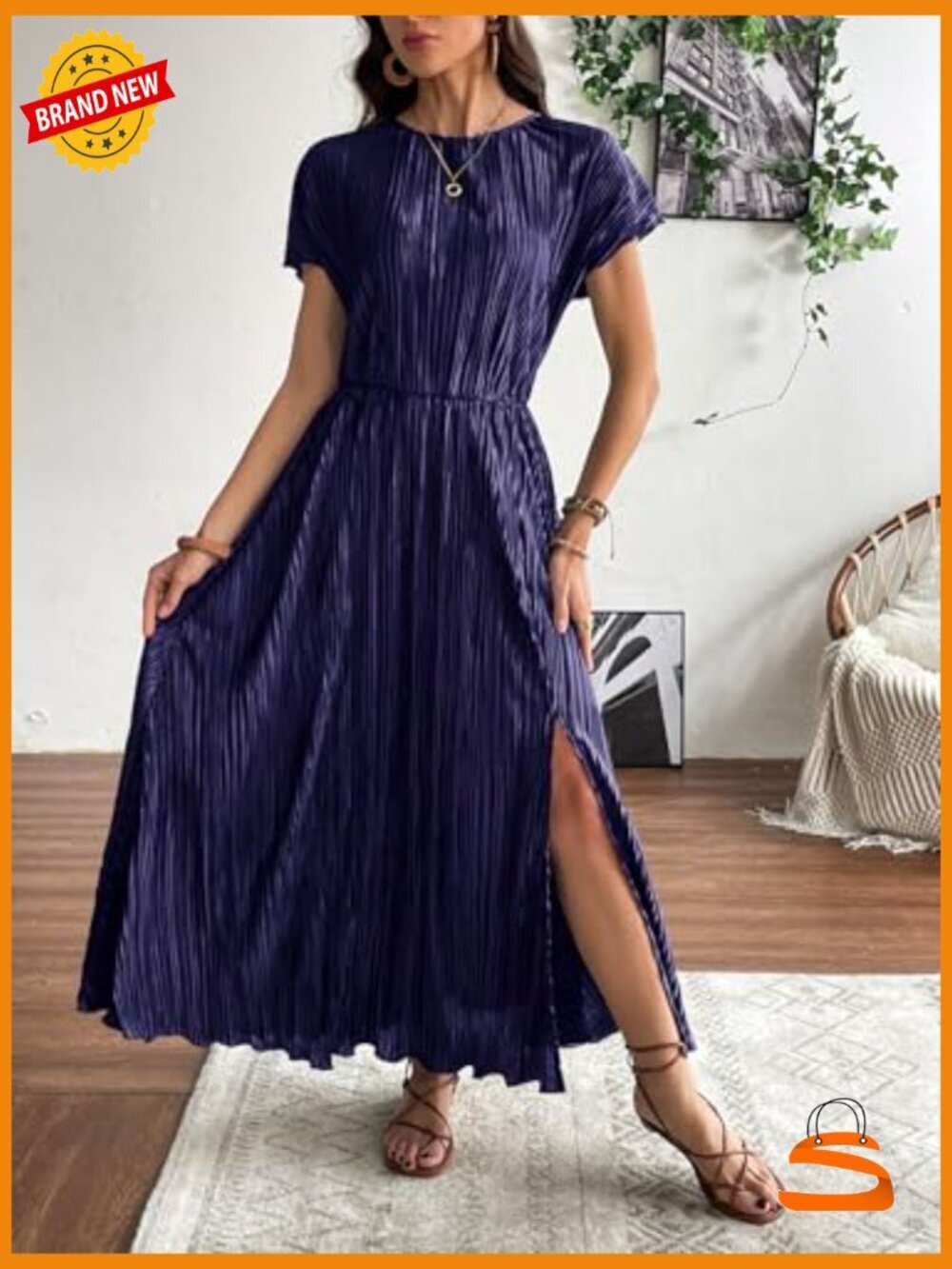 Casual Short Sleeve Maxi Dress with Ruffle Pleated Swing Silhouette - Picture 3 of 7
